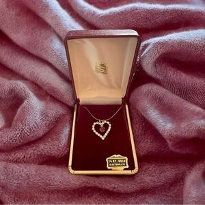 NIB Vintage 14K Gold Plated Red White Crystal Heart Pendant Necklace Jewelry